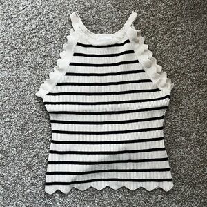 Striped Black and White Women's Sweater Top with scalloped edges